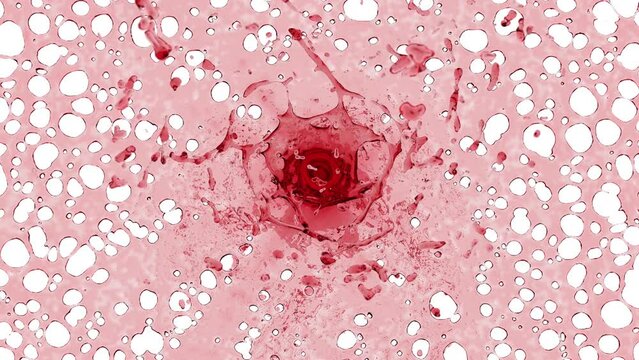 Water or wine toroidal drops colliding with splash on white background. Slow motion. Engine oil visualization. Cherry juice visualization.
