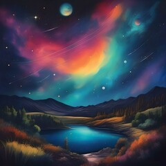the night sky is replaced by intricate paintings. Constellations morph into vibrant brush strokes, and planets become palettes of color. - obrazy, fototapety, plakaty
