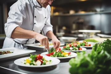 Obraz na płótnie Canvas Professional chef in white uniform cooking vegetarian dish in restaurant kitchen
