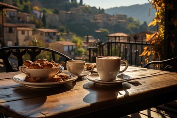 A morning cup of latte coffee stands on a table on the terrace against the background of nature