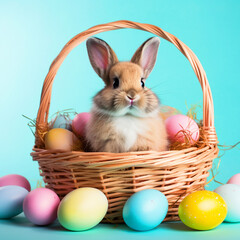 Easter bunny sitting in a basket with colorful Easter eggs - ai generative