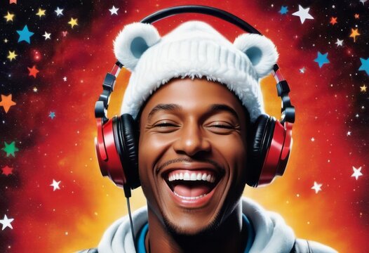 The picture shows a man wearing red headphones and a white hat with bear ears. He is smiling and laughing while looking up. In the background is a galaxy with multicolored stars.
