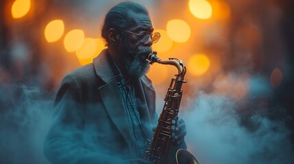 Soulful saxophone player immersed in music amidst atmospheric lights. expressive performance captured. AI - obrazy, fototapety, plakaty