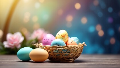 Easter egg basket decoration with soft focus light and bokeh background