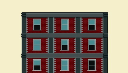 Naklejka premium 2D Pixel Art building background. Design for wallpaper, background, mobile app, computer game. Apartment building with many windows for pixel game. Old architectural construction.