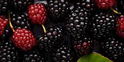 Closeup of bed of delicious blackberries and green leafs, Fresh juicy organic dewberry background Ripe blackberries background, A group of delicious blackberries upclose.  - obrazy, fototapety, plakaty