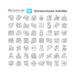 2D editable black big simple icons set representing extracurricular activities, isolated vector, linear illustration.