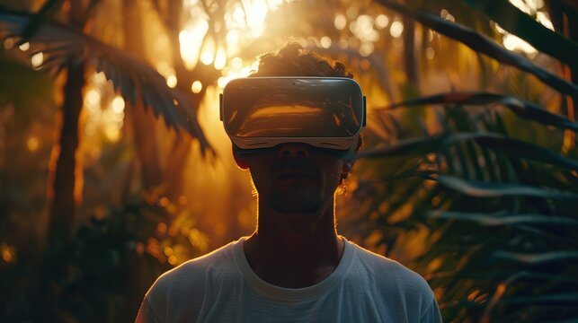 cinematic, straight on shot, full shot, highly detailed, hyper realistic, man wearing VR headset, eyes visible through the VR screen, natural lighting, bright lighting, warm colors