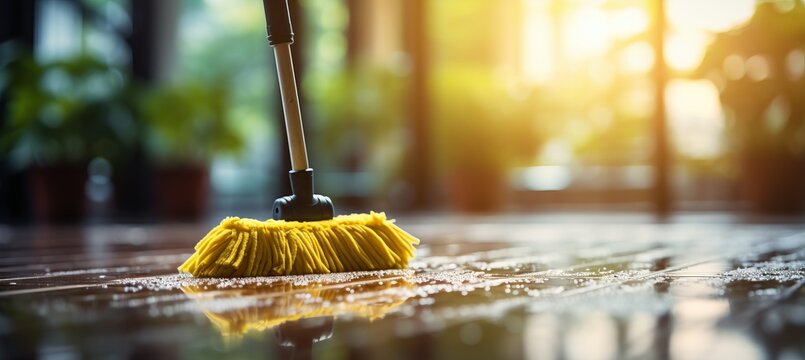 Floor cleaning with mop and cleanser foam on parquet floor   copy space for text