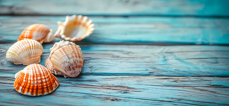 seashells on a wooden table free stock photo image: image, in the style of navy and aquamarine, minimalist backgrounds