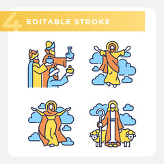 Religious scenes RGB color icons set. New testament. Biblical stories. Jesus Christ and Holy Mary. Isolated vector illustrations. Simple filled line drawings collection. Editable stroke