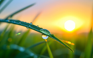 Close up of a drop of water on a blade of grass at sunrise