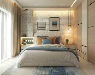 a modern bedroom with white brick walls, in the style of light beige and azure, modern