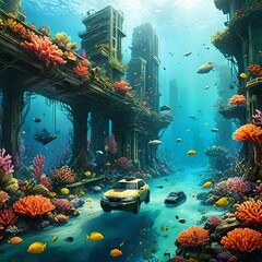 cities, landscapes, and everyday scenes submerged underwater. Skyscrapers become coral reefs, and...