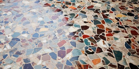 Terrazzo marble stone is made of marble chips, resembling ancient mosaic and pavement, with multi-colored polished stone floor and wall tile designs, including ceramic.