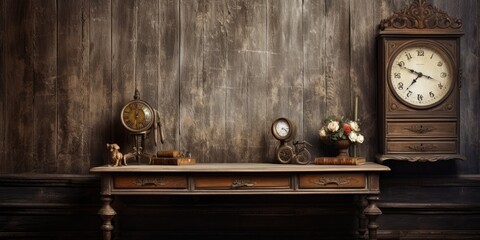 Old, grunge wooden room with antique table and vintage watch