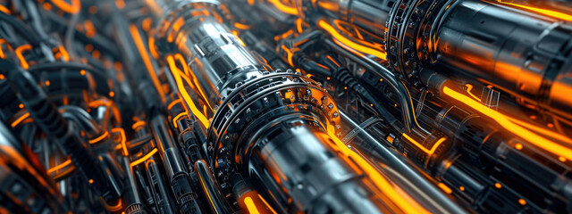 Close-up of shiny pipes with wires with orange lighting