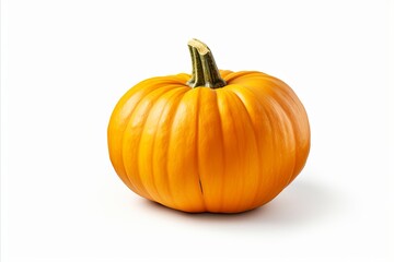 Isolated single orange pumpkin on white background for autumn designs and decorations.