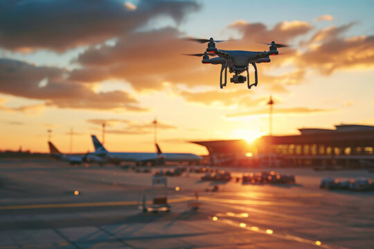 Drone with camera in flight near an airport with parked planes, concept of strict no-fly zones, the restrictions and regulations for quadcopter flying. Space for text.