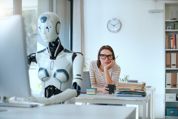 Disappointed stressed woman and AI robot in the office