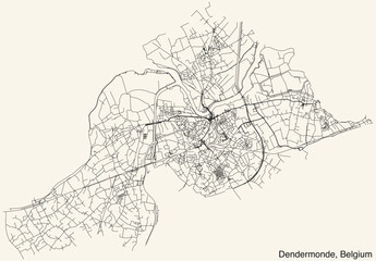 Detailed hand-drawn navigational urban street roads map of the Belgian city of DENDERMONDE, BELGIUM with solid road lines and name tag on vintage background
