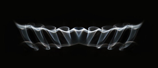 Symmetrical abstract photography of shapes acquired by smoke on a black background.