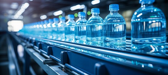 Modern equipment in beverage factory interior with water pet bottles on conveyor belt