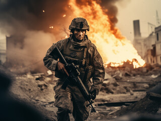 Fototapeta premium a soldier walking through the field of war