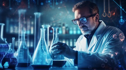 Scientific exploration: double exposure of scientist with test tubes and laboratory glassware containing chemical liquid, laboratory concept with chemical equations