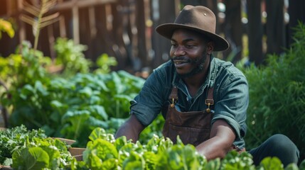 Naklejka na ściany i meble African American passionate urban gardener cultivating a thriving green space