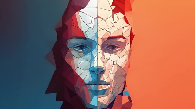 A person with a straight face looking into a mirror that has broken cracks covering the reflection Psychology art concept.