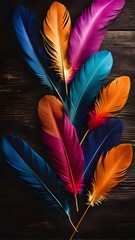 Colorful feathers on rich dark wooden backdrop, a vibrant and exotic composition, nature's elegance captured with artistic flair.