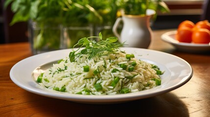 Delicious spring risotto with fresh carrots and leeks on white plate, close up view
