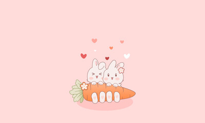 Valentine rabbit love vector illustration with pink background.