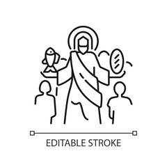 Obraz premium Feeding of five thousands linear icon. Jesus Christ feeds multitude. Miracle of Jesus. Biblical scene. New testament. Thin line illustration. Contour symbol. Vector outline drawing. Editable stroke