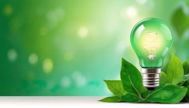 Environment banner with light bulb with green leaves on green background