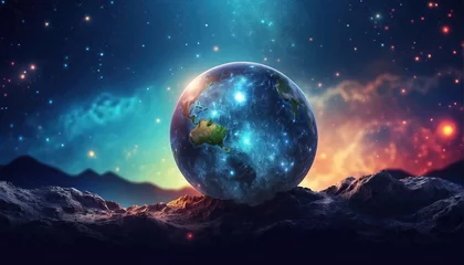 Afwasbaar behang Volle maan en bomen Fantasy planet, night sky on background