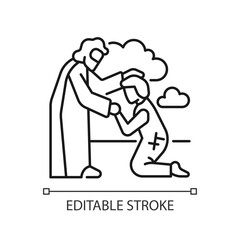 Prodigal son linear icon. Parable of Jesus Christ. Father forgives his son. Reconciliation of parent and child. Thin line illustration. Contour symbol. Vector outline drawing. Editable stroke