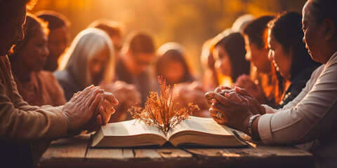 Christians gather together to pray and seek God's blessings. Studying the Bible and sharing the gospel are central to this concept. Worship and faith in God are important aspects. - obrazy, fototapety, plakaty