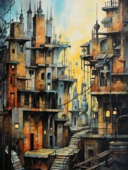 Fototapeta na wymiar Artisan Cityscape Sketches: Vintage Painting of Urban Utopia