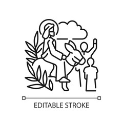 Triumphal entry into Jerusalem linear icon. Palm Sunday. Start of holy week. Jesus Christ riding donkey. Thin line illustration. Contour symbol. Vector outline drawing. Editable stroke - obrazy, fototapety, plakaty