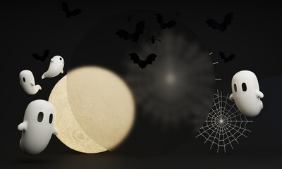 Dark Halloween background with spooky house, tree, cute ghost,  pumpkin, bat at night. Happy Halloween banner. with night sky and full moon. 3d rendering cartoon style on black background - 713010558