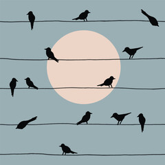 Seamless pattern with birds sitting on wires in front of the moon