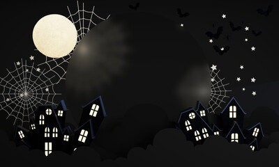 Dark Halloween background with spooky house, tree, cute ghost,  pumpkin, bat at night. Happy Halloween banner. with night sky and full moon. 3d rendering cartoon style on black background - 713011116