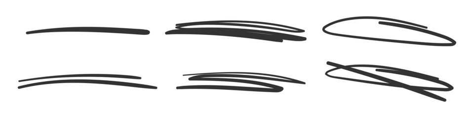 Collection of Doodle Style Strikethrough Lines. Various Hand Drawn Emphasis Elements, Underlines, Marker or Ball Pen Lines, and Crossed Scribble Stripes