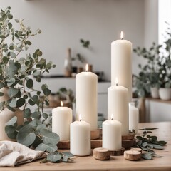 Home cozy decoration, white candles and eucalyptus