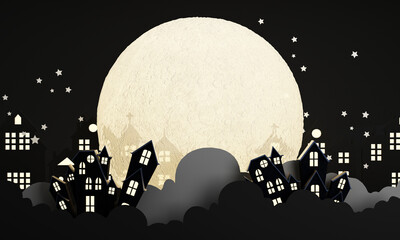 Dark Halloween background with spooky house, tree, cute ghost,  pumpkin, bat at night. Happy Halloween banner. with night sky and full moon. 3d rendering cartoon style on black background - 713011731