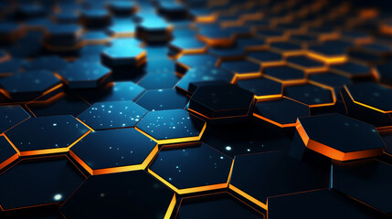 Abstract background with black glowing honeycomb hexagons and fiery orange backlight