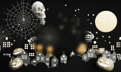 Dark Halloween background with spooky house, tree, cute ghost,  pumpkin, bat at night. Happy Halloween banner. with night sky and full moon. 3d rendering cartoon style on black background - 713011770