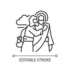 Kiss of Judas linear icon. Jesus Christ betrayed by Judas Iscariot. Treacherous disciple. Biblical scene. Thin line illustration. Contour symbol. Vector outline drawing. Editable stroke